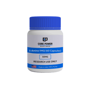 5-Amino-1MQ 50mg research bottle (60 capsules), white packaging with blue cap, featuring "Made in USA" and 99% purity label, isolated on black background.