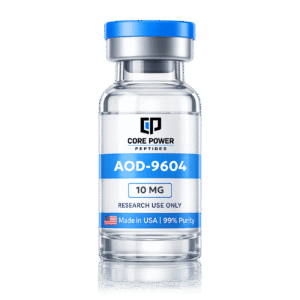 AOD-9604 10mg research vial with blue cap, clear glass, featuring "Made in USA" and 99% purity label, isolated on black background.
