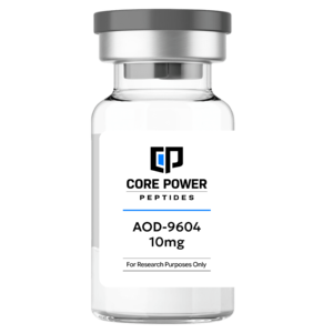 AOD 9604 10mg clear glass research vial with a professional white label and grey cap, isolated on a solid black background.