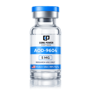 AOD-9604 5mg research vial with blue cap, clear glass, featuring "Made in USA" and 99% purity label, isolated on black background.