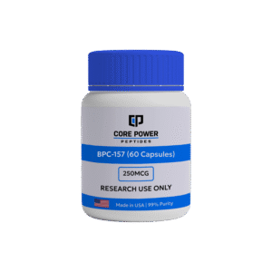BPC-157 (250mcg 60 Capsules) research bottle, white packaging with blue cap, featuring "Made in USA" and 99% purity label, isolated on black background.
