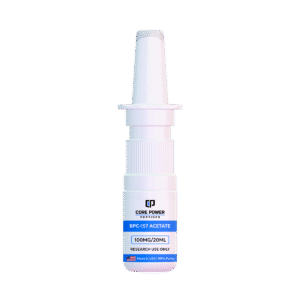 BPC-157 Acetate 100mg/20ml nasal spray bottle, featuring "Made in USA" and 99% purity label, isolated on black background.