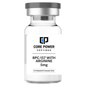 BPC-157 with Arginine 5mg clear glass research vial with a professional white label and grey cap, isolated on a solid black background.