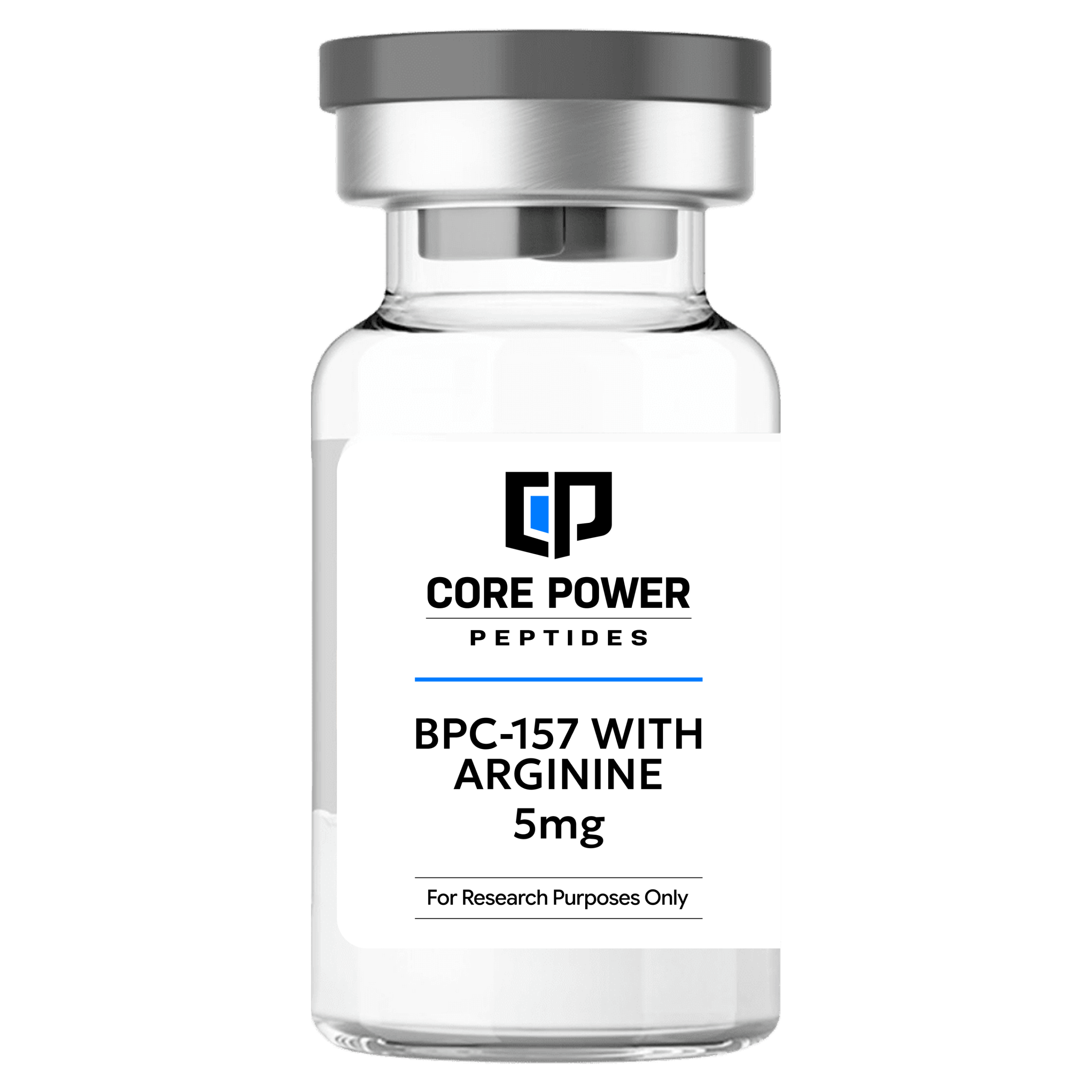 BPC-157 with Arginine 5mg clear glass research vial with a professional white label and grey cap, isolated on a solid black background.