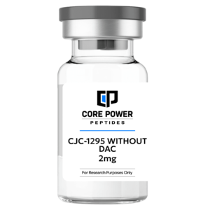 CJC-1295 Without DAC 2mg clear glass research vial with a professional white label and grey cap, isolated on a solid black background.