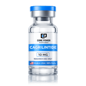 Cagrilintide 10mg research vial with blue cap, clear glass, featuring "Made in USA" and 99% purity label, isolated on black background.