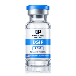 DSIP 2mg research vial with blue cap, clear glass, featuring "Made in USA" and 99% purity label, isolated on black background.