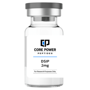 DSIP 2mg clear glass research vial with a professional white label and grey cap, isolated on a solid black background.
