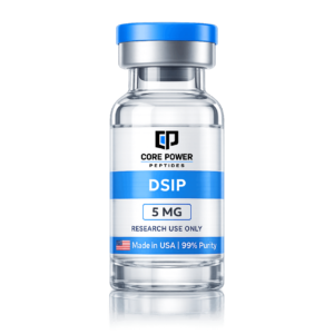 DSIP 5mg clear glass research vial with a professional white label and grey cap, isolated on a solid black background.