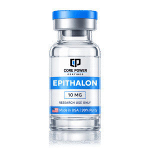 Epithalon 10mg research vial with blue cap, clear glass, featuring "Made in USA" and 99% purity label, isolated on black background.
