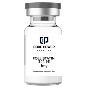 Follistatin 344 95 1mg clear glass research vial with a professional white label and grey cap, isolated on a solid black background.