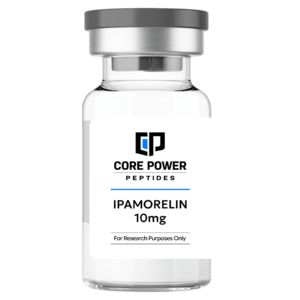Ipamorelin 10mg clear glass research vial with a professional white label and grey cap, isolated on a solid black background.