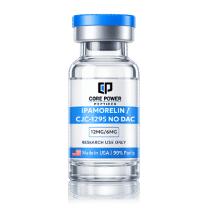 Ipamorelin and CJC-1295 No DAC (12mg/6mg) research vial with blue cap, clear glass, featuring "Made in USA" and 99% purity label, isolated on black background.