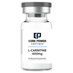 L-Carnitine 600mg clear glass research vial with a professional white label and grey cap, isolated on a solid black background.