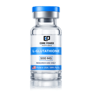 L-Glutathione 500mg research vial with blue cap, clear glass, featuring "Made in USA" and 99% purity label, isolated on black background.