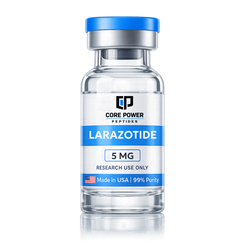 Larazotide 5mg research vial with blue cap, clear glass, featuring "Made in USA" and 99% purity label, isolated on black background.