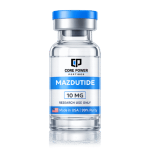 Mazdutide 10mg research vial with blue cap, clear glass, featuring "Made in USA" and 99% purity label, isolated on black background.