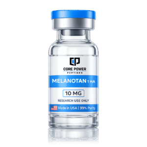 Melanotan 1 HA 10mg research vial with blue cap, clear glass, featuring "Made in USA" and 99% purity label, isolated on black background.