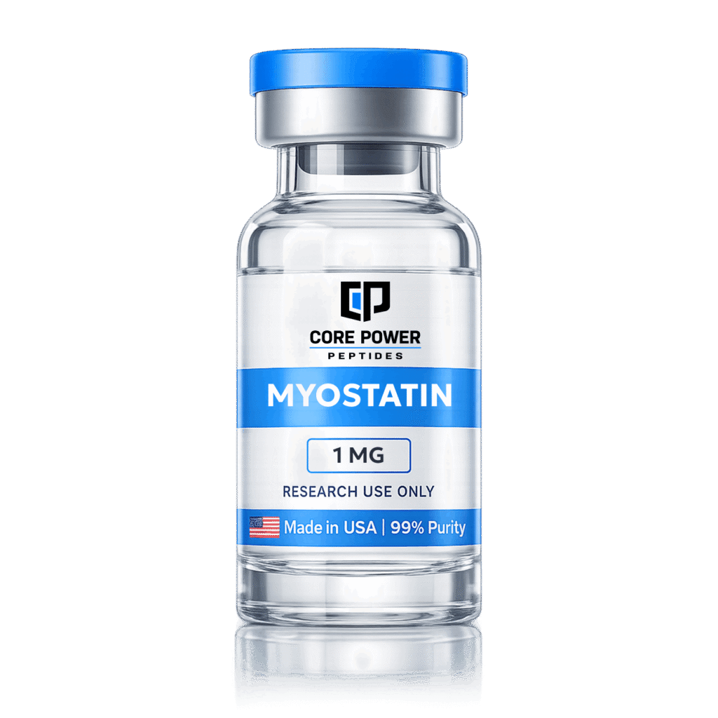 Myostatin 1mg research vial with blue cap, clear glass, featuring "Made in USA" and 99% purity label, isolated on black background.