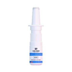 N-Acetyl Selank Amidate nasal spray (90mg), white packaging, featuring "Made in USA" and 99% purity label, isolated on white background.