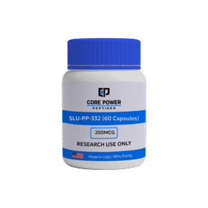 SLU-PP-332 (250mcg, 60 capsules) research bottle, white packaging with blue cap, featuring "Made in USA" and 99% purity label, isolated on black background.