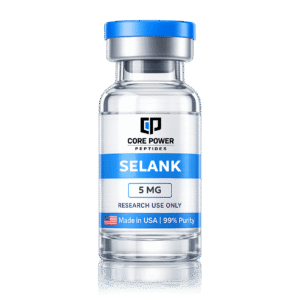 Selank 5mg research vial with blue cap, clear glass, featuring "Made in USA" and 99% purity label, isolated on black background.