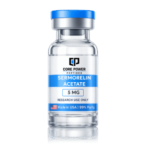 Sermorelin Acetate 5mg research vial with blue cap, clear glass, featuring "Made in USA" and 99% purity label, isolated on black background.