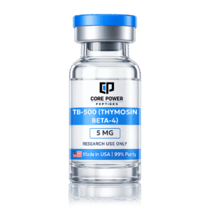 TB-500 (Thymosin Beta-4) 5mg research vial with blue cap, clear glass, featuring "Made in USA" and 99% purity label, isolated on black background.