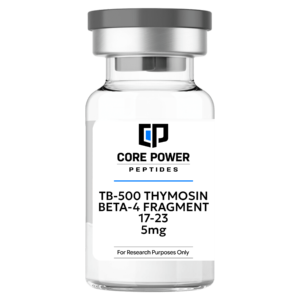 TB-500 Thymosin Beta-4 Fragment 17-23 5mg clear glass research vial with a professional white label and grey cap, isolated on a solid black background.