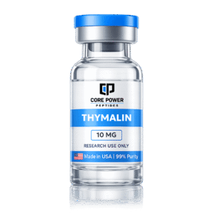 Thymalin 10mg research vial with blue cap, clear glass, featuring "Made in USA" and 99% purity label, isolated on black background.
