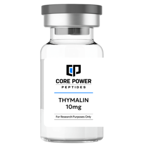 Thymalin 10mg clear glass research vial with a professional white label and grey cap, isolated on a solid black background.