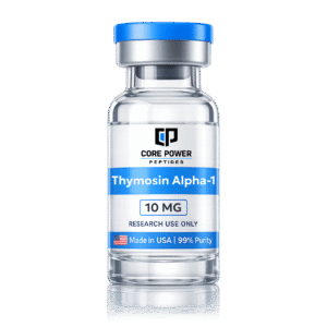 Thymosin Alpha-1 10mg research vial with blue cap, clear glass, featuring "Made in USA" and 99% purity label, isolated on black background.