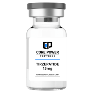 Tirzepatide 15mg clear glass research vial with a professional white label and grey cap, isolated on a solid black background.