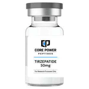 Tirzepatide 50mg clear glass research vial with a professional white label and grey cap, isolated on a solid black background.