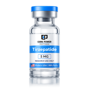 Tirzepatide 5mg research vial with blue cap, clear glass, featuring "Made in USA" and 99% purity label, isolated on black background.