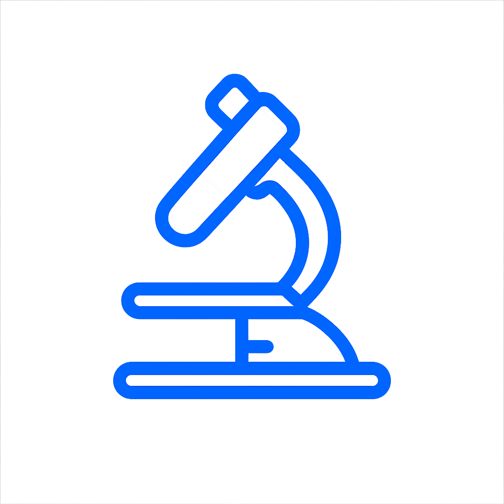 Blue microscope icon representing scientific laboratory research and analysis.