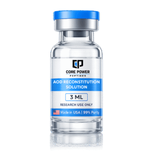 AOD Reconstitution Solution 3ml research vial with blue cap, clear glass, "Made in USA" and 99% purity label, isolated on black background.