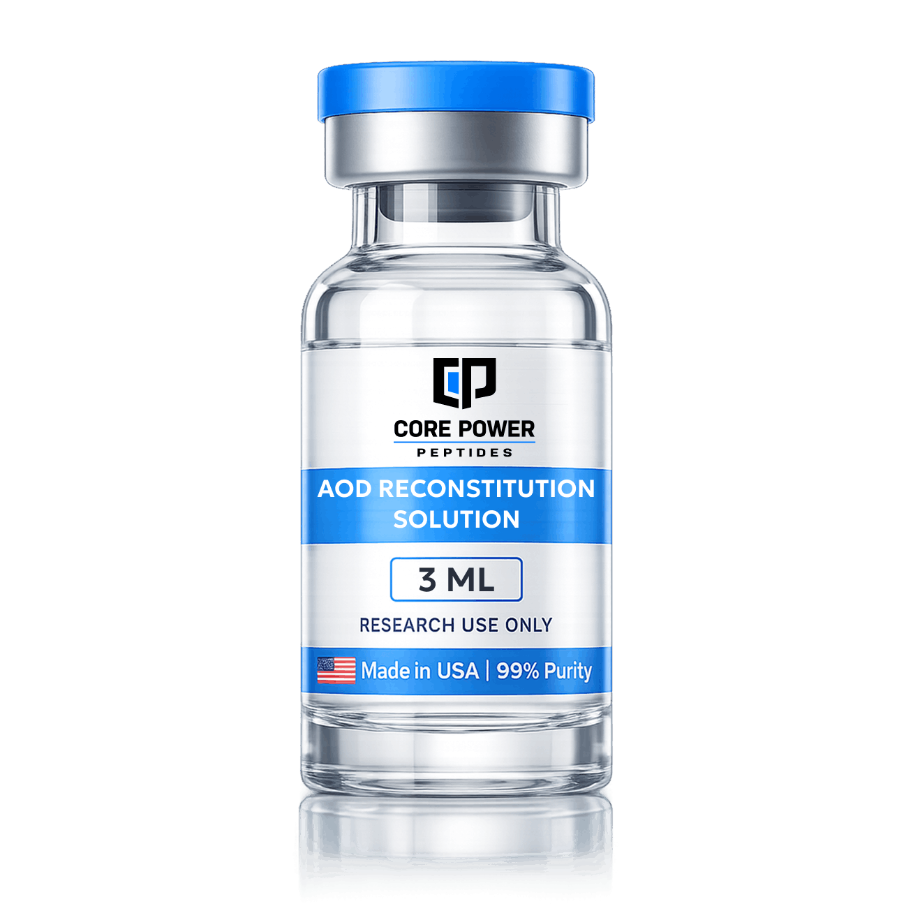 AOD Reconstitution Solution 3ml research vial with blue cap, clear glass, "Made in USA" and 99% purity label, isolated on black background.