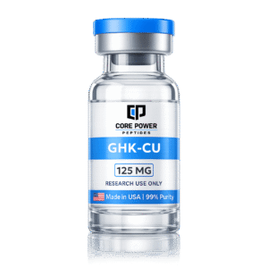 GHK-Cu 125mg research vial with blue cap, clear glass, featuring "Made in USA" and 99% purity label, isolated on black background.