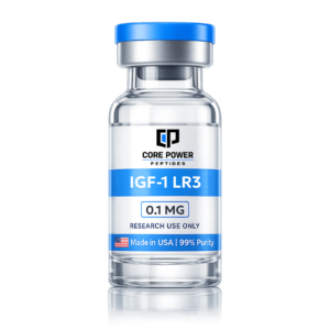 IGF-1 LR3 0.1mg research vial with blue cap, clear glass, featuring "Made in USA" and 99% purity label, isolated on black background.