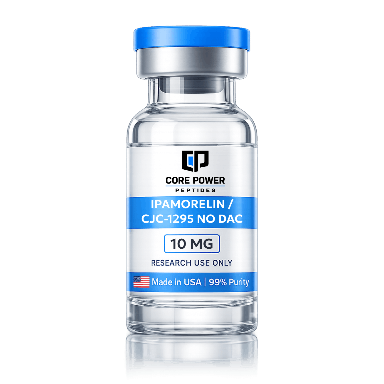 Ipamorelin / CJC-1295 No DAC 10mg research vial with blue cap, clear glass, featuring "Made in USA" and 99% purity label, isolated on black background.