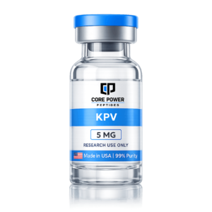 KPV 5mg research vial with blue cap, clear glass, featuring "Made in USA" and 99% purity label, isolated on black background.