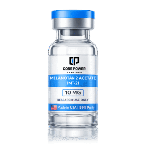 Melanotan 2 Acetate (MT-2) 10mg research vial with blue cap, clear glass, featuring "Made in USA" and 99% purity label, isolated on black background.