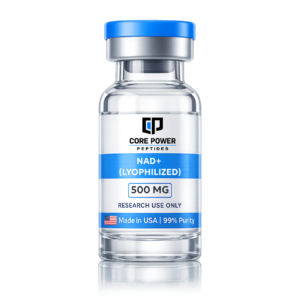 NAD+ (Lyophilized) 500mg research vial with blue cap, clear glass, featuring "Made in USA" and 99% purity label, isolated on black background.