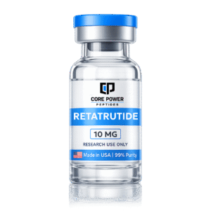 Retatrutide 10mg research vial with blue cap, clear glass, featuring "Made in USA" and 99% purity label, isolated on black background.