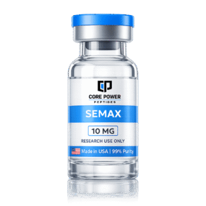 Semax 10mg research vial with blue cap, clear glass, featuring "Made in USA" and 99% purity label, isolated on black background.