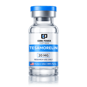 Tesamorelin 20mg research vial with blue cap, clear glass, featuring "Made in USA" and 99% purity label, isolated on black background.