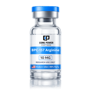 BPC-157 Arginine 10mg research vial with blue cap, clear glass, featuring "Made in USA" and 99% purity label, isolated on black background.