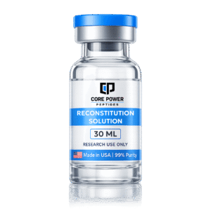 Reconstitution Solution 30ml research vial with blue cap, clear glass, "Made in USA" and 99% purity label, isolated on black background.