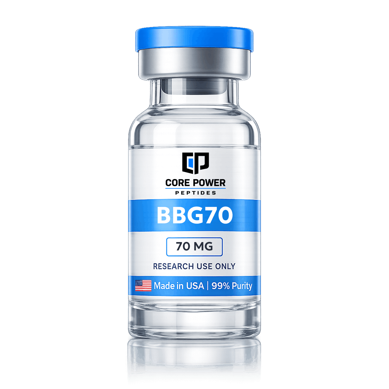 BBG70 research vial (70mg total blend) with blue cap, clear glass, featuring "Made in USA" and 99% purity label, isolated on white background.